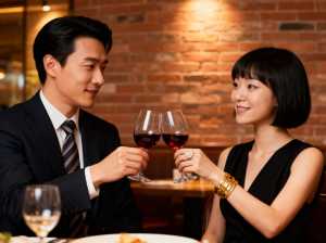 レストランで赤ワインのグラスを持ち、微笑み合う男性と女性のロマンチックな瞬間。