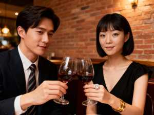 レストランでワイングラスで乾杯するカップルを正面から写実的に撮影した写真。