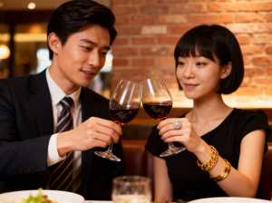 レストランでワイングラスで乾杯する男性と女性のロマンチックな瞬間。