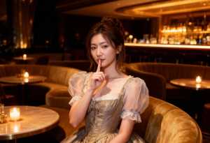 キャンドルが周囲を囲む薄暗いレストランに座っている若い女性をポートレート カメラ ア...。