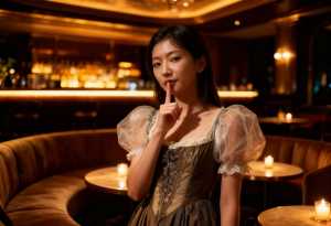 キャンドルを背景にした薄暗いレストランで、茶色のコルセットと茶色のドレスを着た長い黒...。