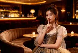 キャンドルを背景に薄暗いバーに座っている若い女性をポートレート カメラ アングルから...。