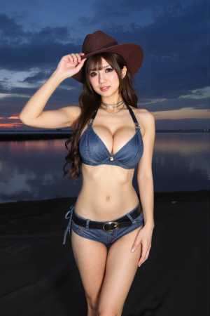 デニムの服を着て、日没時に湖のほとりで自信を持ってポーズをとる若い女性を正面カメラの...。