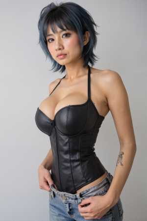 無地のグレーの背景のスタジオ設定で、黒い革のコルセットとジーンズを着て自信を持ってポ...。