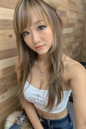 カジュアルな雰囲気の中で木製の壁に向かってポーズをとる、長くストレートな明るい茶色の...。