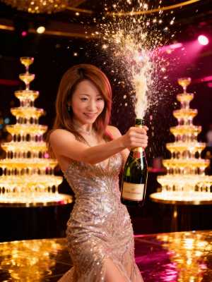 輝くシルバーのドレスを着た女性がシャンパンのボトルを持ち、お祝いの雰囲気を漂わせるフ...。