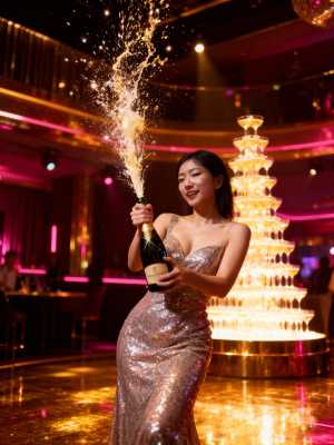 輝くスパンコールのドレスを着た女性がシャンパンのボトルを持ち、お祝いの雰囲気で祝って...。