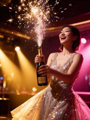 輝くドレスを着た女性がシャンパンのボトルを持ち、線香花火を上げて祝う様子を正面カメラ...。