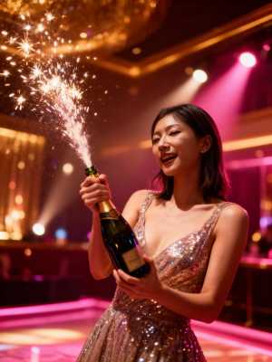 輝くスパンコールのドレスを着た女性がシャンパンのボトルを持ち、線香花火を上げて祝って...。