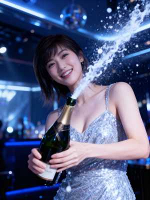 輝くシルバーのドレスを着た女性がシャンパンのボトルを持ち、お祝いの雰囲気を漂わせるフ...。