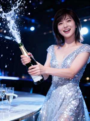 輝く銀色のドレスを着た若い女性がシャンパンのボトルを持ち、お祝いの雰囲気で祝っている...。