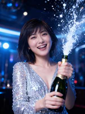 シルバーのスパンコールのドレスを着た若い女性がシャンパンのボトルを持ち、お祝いの雰囲...。