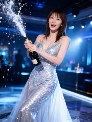 輝くシルバーのドレスを着た女性がシャンパンのボトルを持ち、お祝いの雰囲気を漂わせる、...。