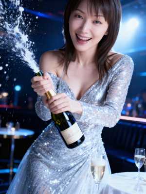 シルバーのスパンコールのドレスを着た女性がシャンパンのボトルを持ち、お祝いの雰囲気を...。