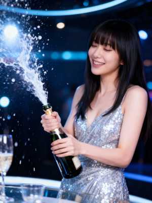 シルバーのスパンコールのドレスを着た若い女性がバーでグラスにシャンパンを注ぐ様子を、...。