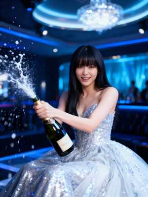 お祝いの雰囲気を背景に、輝く銀色のドレスを着た若い女性がシャンパンのボトルを持ってい...。