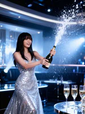 豪華なナイトクラブの雰囲気の中で、輝くシルバーのドレスを着た女性がグラスにシャンパン...。