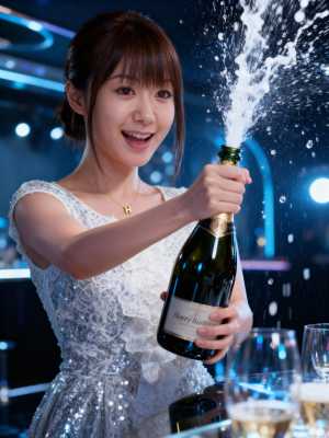 輝く銀色のドレスを着た若い女性がお祝いの雰囲気のシャンパンボトルを持っている様子を、...。