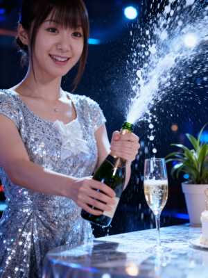 シルバーのスパンコールのドレスを着た若い女性がシャンパンのボトルを持ち、グラスに注い...。