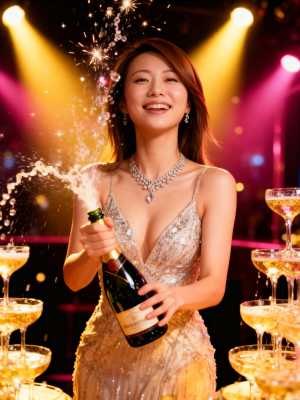 色とりどりのライトと紙吹雪に囲まれ、シャンパンのボトルを持った輝くドレスを着た女性を...。