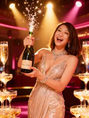 きらびやかなドレスを着た女性がシャンパンのボトルを持ち、お祝いの雰囲気で祝っている様...。