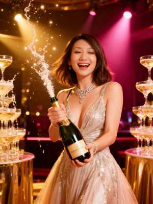 きらびやかなドレスを着た女性がシャンパンのボトルを持ち、お祝いの雰囲気を漂わせる、フ...。