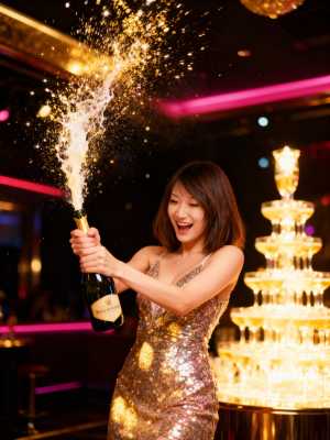 輝くゴールドのスパンコールのドレスを着た女性がシャンパンのボトルを持ち、お祝いの雰囲...。