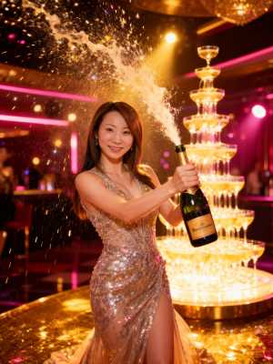 輝くシルバーのドレスを着た女性がシャンパンのボトルを持ち、お祝いの雰囲気で祝っている...。