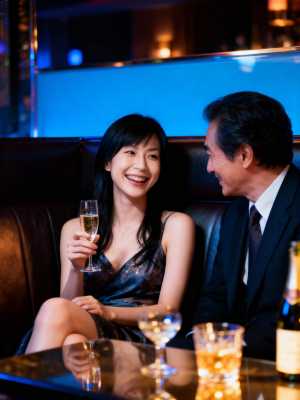 薄暗いレストランでシャンパンを楽しむカップルを横から撮影した写実的な写真。