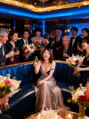 青い照明と花のある豪華な部屋で誕生日パーティーを祝う人々のグループを正面から写実的に...。