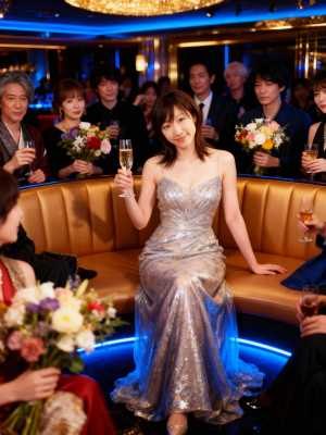 フォーマルなイベントで、きらめく銀のドレスを着てシャンパンのグラスを持った女性を正面...。