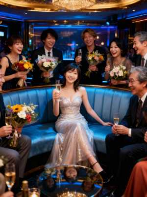 正装をした6人のゲストに囲まれ、青いベルベットのソファに座る花嫁が花束を持ち、シャン...。