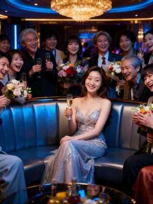 豪華な部屋でシャンパンと花で祝う人々の様子を正面から写実的に撮影したもので、銀のスパ...。