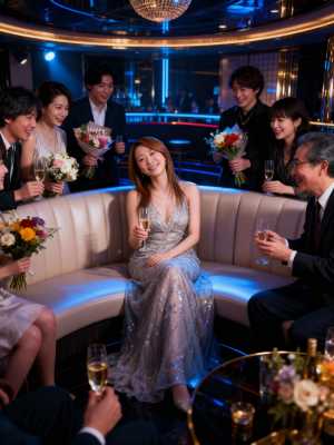 洗練された雰囲気の薄暗い豪華な部屋で、特別な日を祝う人々の様子を正面から写実的に撮影...。