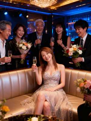 豪華な部屋でシャンパンと花で祝う人々の様子を正面カメラのアングルから写実的に撮影した...。