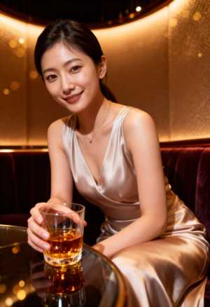 豪華なレストランの雰囲気の中で、ウィスキーを飲みながらテーブルに座る女性をポートレー...。