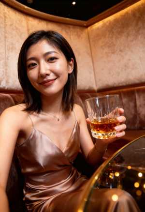 絹のような茶色のドレスを着てウィスキーのグラスを持ってテーブルに座っている女性をポー...。