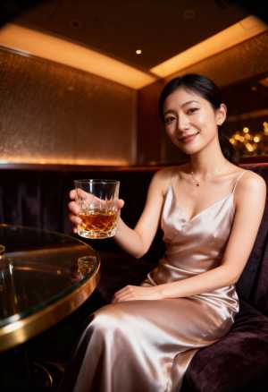 薄暗いレストランで、ウィスキーを飲みながらテーブルに座る女性を正面カメラのアングルか...。