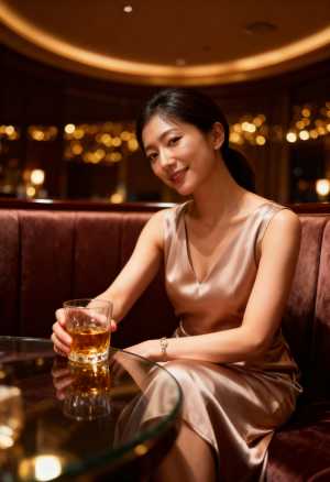 薄暗いレストランの雰囲気の中で、ビールを飲みながらテーブルに座る女性をポートレートア...。