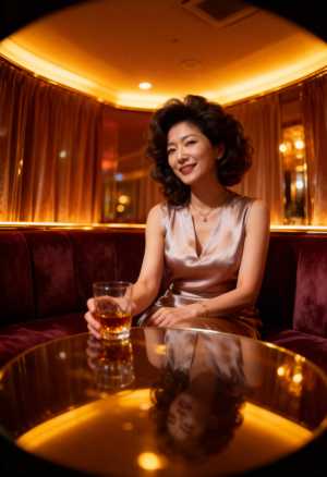 薄暗いレストランの丸いガラスのテーブルに座り、絹のようなサテンのドレスを着た女性の写...。