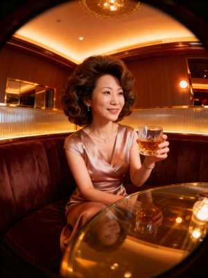 高級レストランのテーブルに座り、ウィスキーのグラスを持った女性を円形の視点から写実的...。