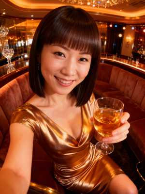 高級バーの雰囲気の中でコニャックのグラスを持ちながら自撮りする女性を、自撮りアングル...。