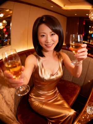 豪華な環境の中でシャンパンを 2 杯持つ女性を正面カメラのアングルから写実的に撮影し...。