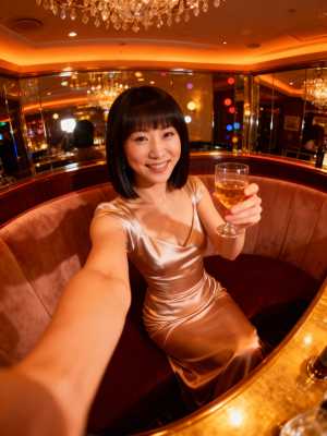 薄暗いバーでワイングラスを持ちながら自撮りする女性を、自撮りアングルから写実的に撮影。