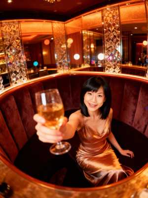 豪華なブースに座ってシャンパングラスを持った女性をローアングルから撮影した写実的なショット。