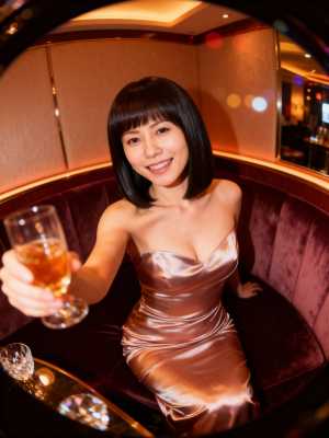 豪華な環境の中でコニャックのグラスを持った女性を円形のカメラ アングルから写実的に撮...。