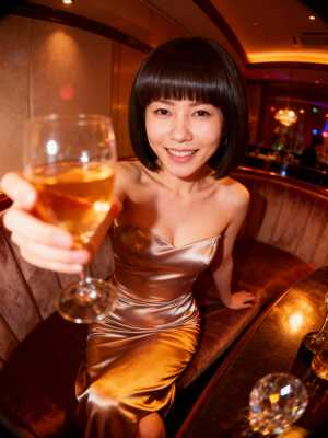 薄暗いバーの中でコニャックのグラスを持った女性を正面から写実的に撮影したもの。