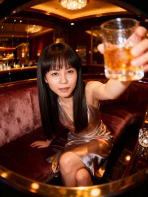 薄暗いバーでウイスキーを飲みながらセルフィーを撮る若い女性に焦点を当てた、ローアング...。