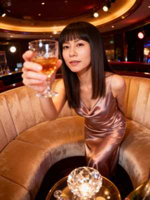 豪華なバーの雰囲気の中でコニャックのグラスを持っている女性を正面から写実的に撮影したもの。