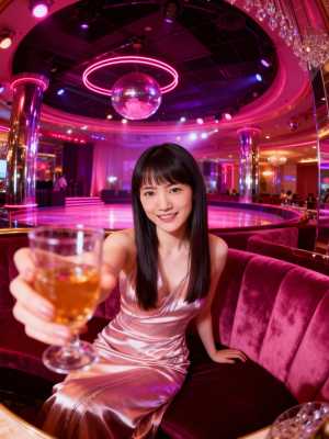 薄暗いナイトクラブのソファに座り、琥珀色の飲み物の入ったグラスを持った若い女性を正面...。